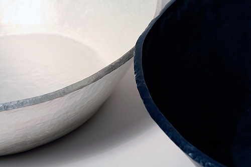 A set of two vessels in patinated fine silver and vitreous enamel