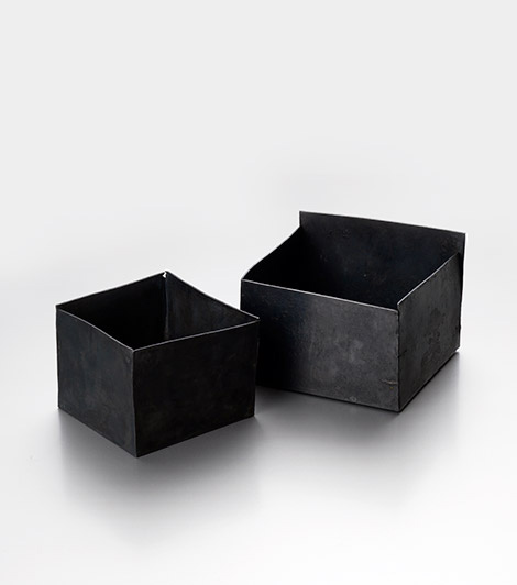 A set of two square vessels in patinated fine silver